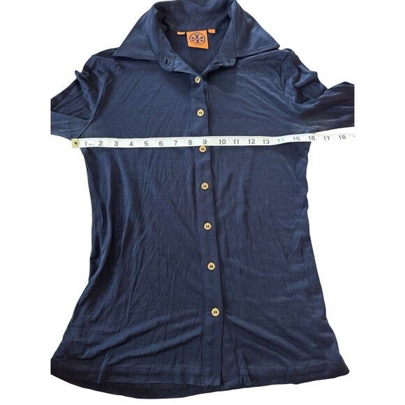Tory Burch Silk Navy Gold Button Down Classic Top Quiet Luxury Timeless Size XS - Picture 3 of 7